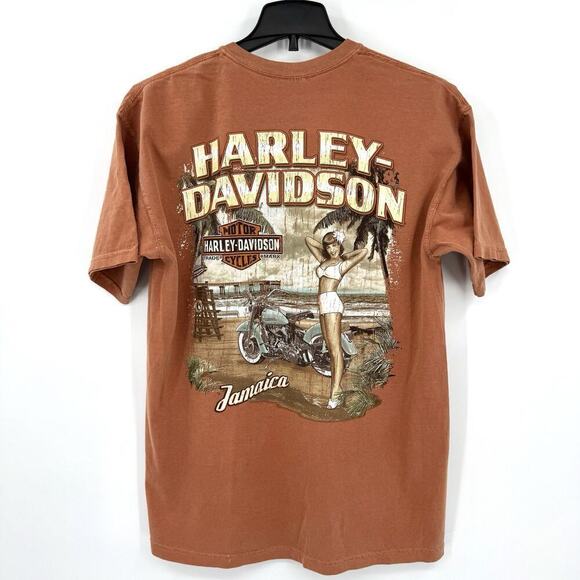 HARLEY DAVIDSON 2014 Orange Jamaica T Shirt Men's Size Large Pin-Up Girl Babe - Picture 1 of 9